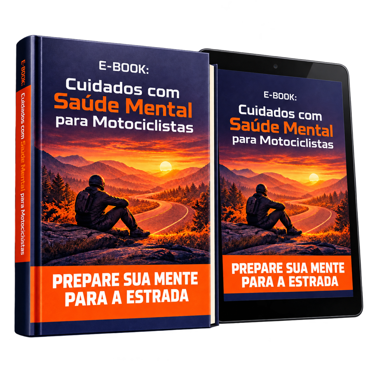 Mockup do e-book Cuidados com Saúde Mental para Motociclistas em livro e tablet